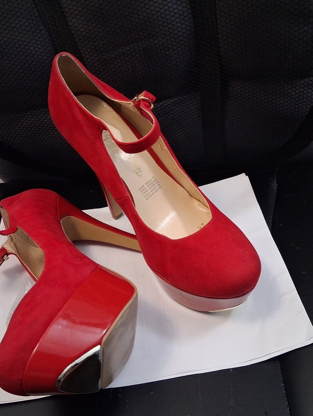Red Suede Mary Jane Heels with Ankle Strap - Women's Dress Pumps
